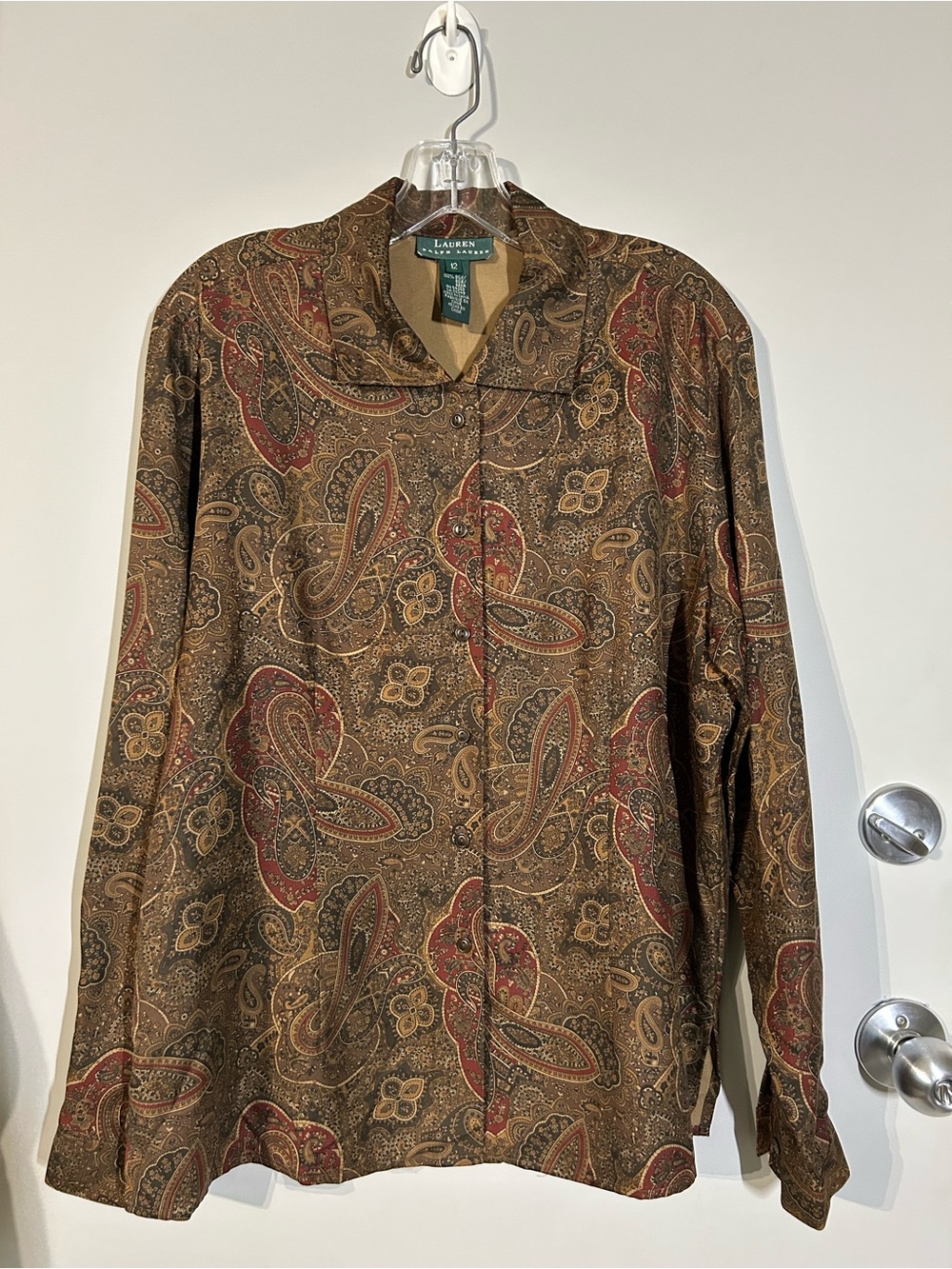 Lauren by Ralph Lauren Brown Paisley silk blouse classic American equestrian